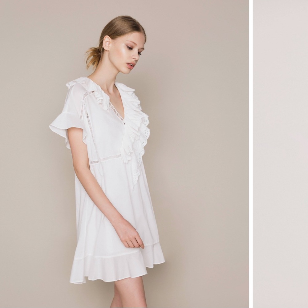 BCBG white summer short mini dress cotton ruffles vintage trending